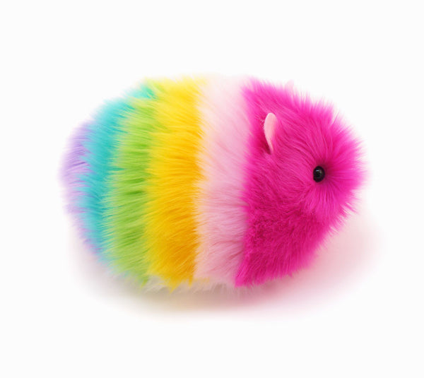 Girly the rainbow guinea pig stuffed animal plush toy side view.