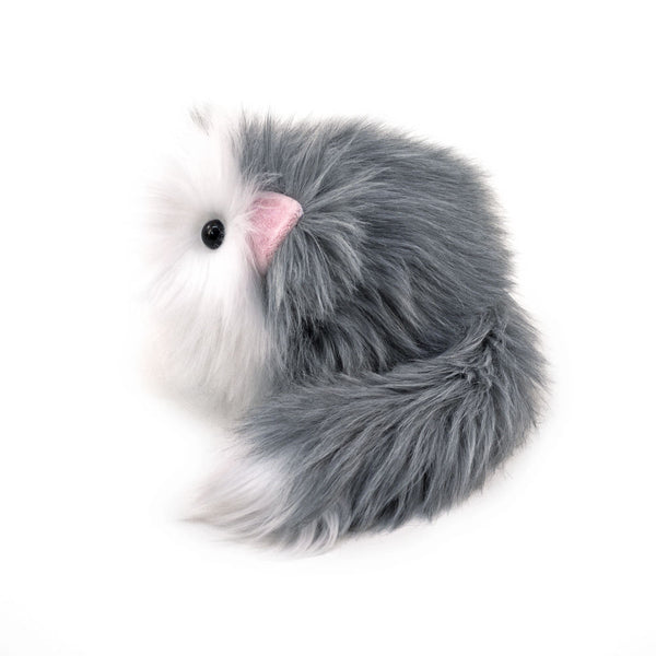 Buddy the grey and white cat stuffed animal plush toy side view.