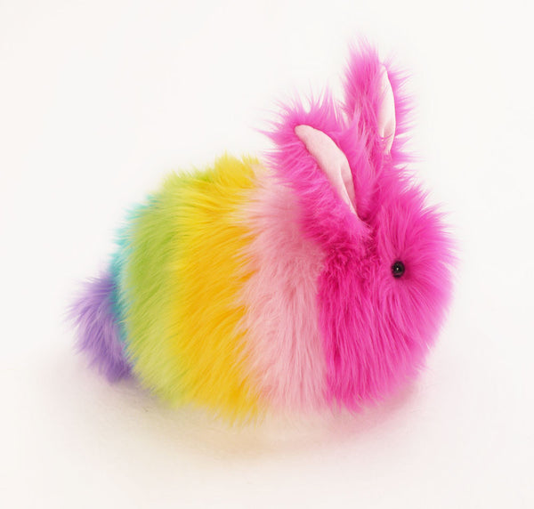 Girly the rainbow bunny stuffed animal plush toy side view.